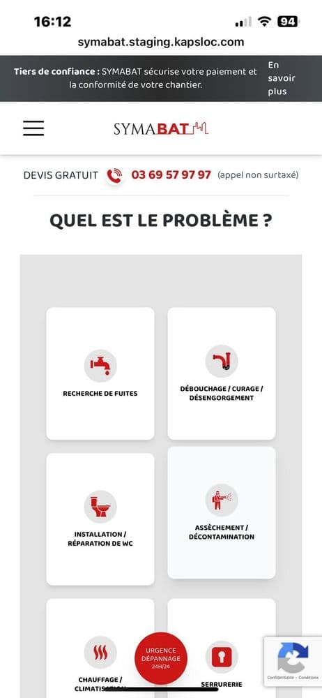 Vous sélectionnez la nature du dépannage. Plomberie, serrurerie...